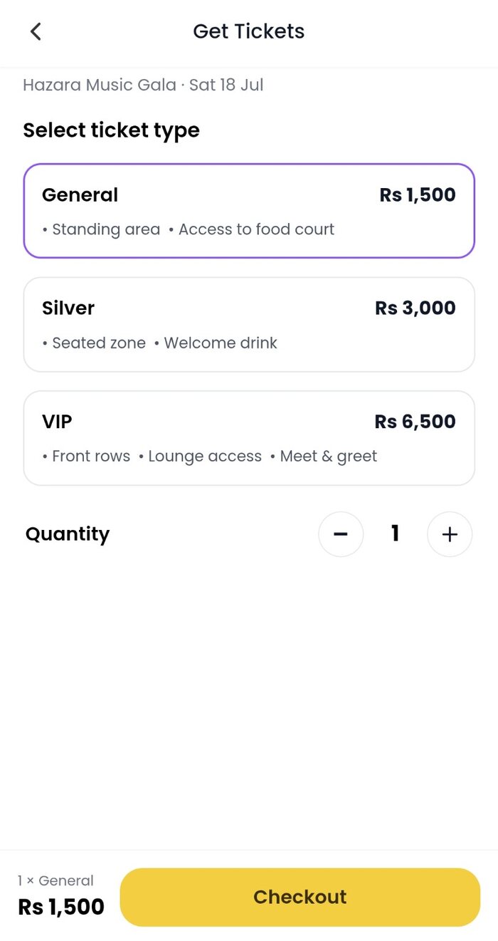 Select ticket options on Planifya